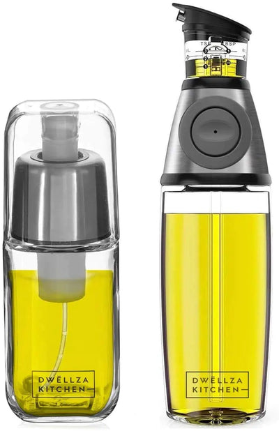 DWËLLZA KsfhfgjITCHEN Olive Oil Dispenser Bottle & Olive Oil Sprayer For Cooking - Glass 2 In 1 Oil Dispenser And Oil Sprayer - 17 Oz Cooking Oil Dispenser For Kitchen With Measurements & 6 Oz Spray Bottle