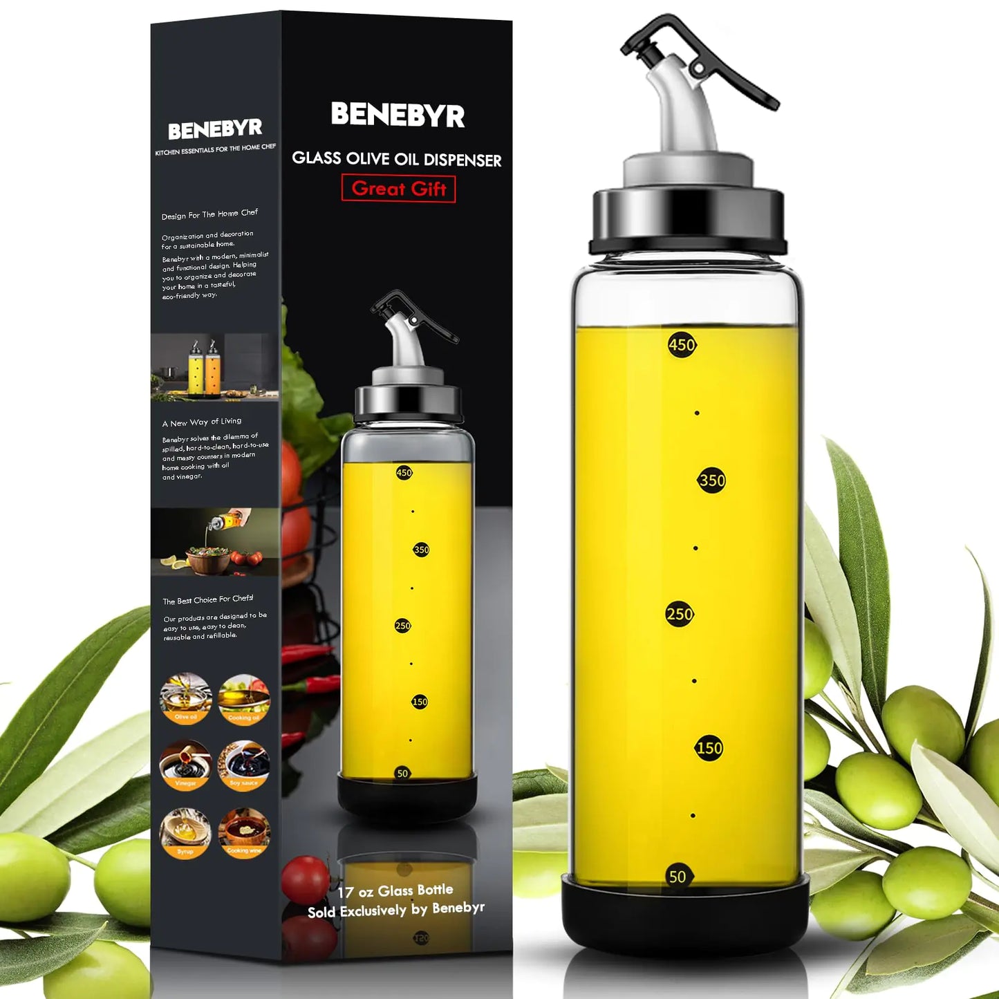 BENEBYR Glass Olive Oil Dispenser Bottle (17oz / 500ml)